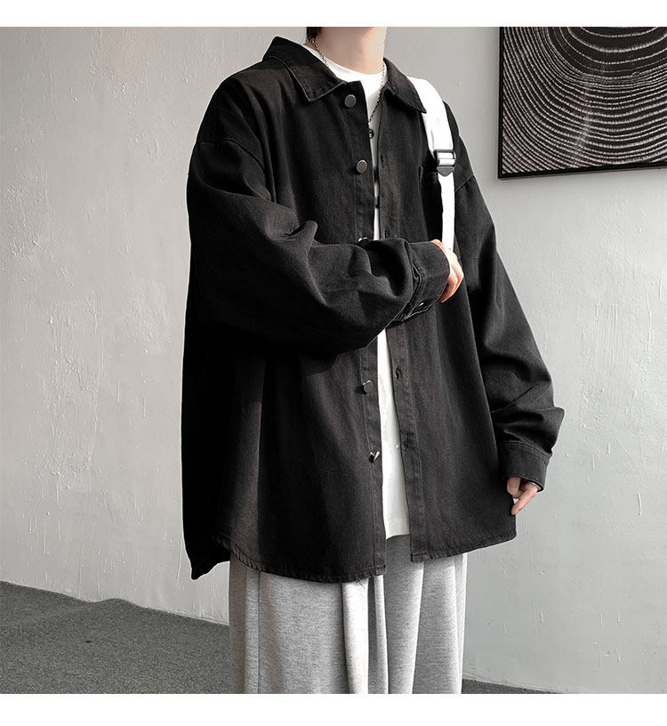 Мужская черная джинсовая осенняя демисезонная японская модная куртка, большая рубашка                