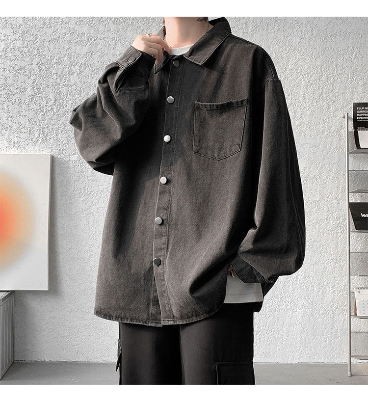 Мужская черная джинсовая осенняя демисезонная японская модная куртка, большая рубашка                