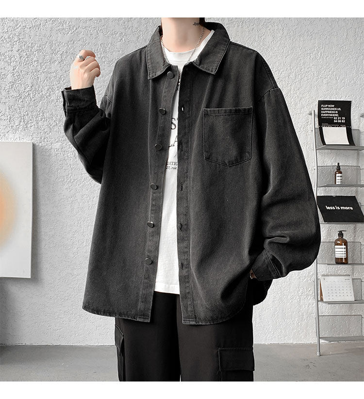 Мужская черная джинсовая осенняя демисезонная японская модная куртка, большая рубашка                