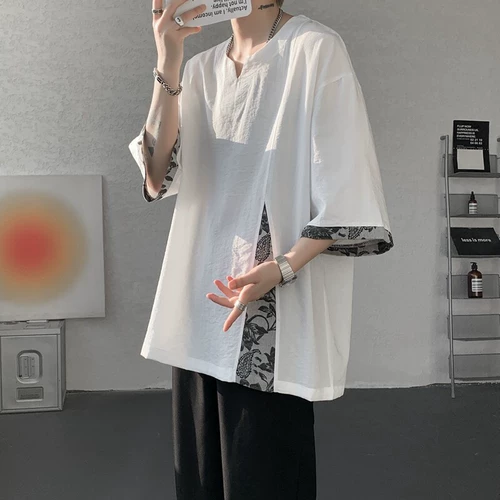 Летняя футболка, китайский стиль, размер, V-образный вырез, короткий рукав, из хлопка и льна