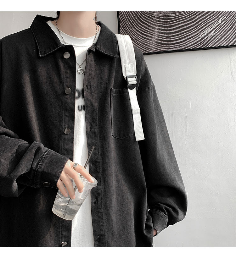 Мужская черная джинсовая осенняя демисезонная японская модная куртка, большая рубашка                