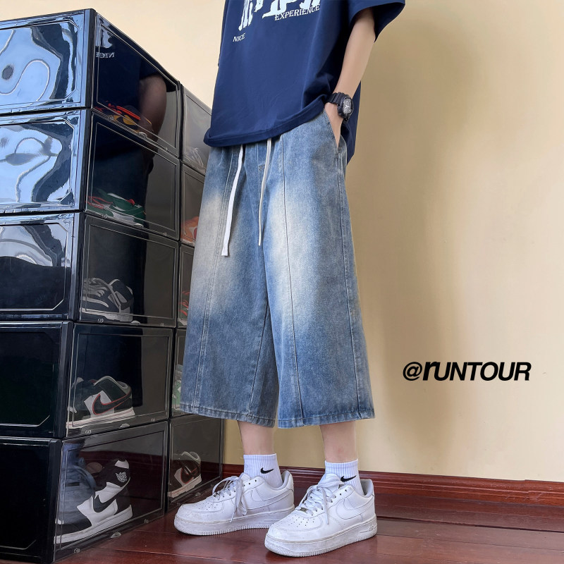 Washed Vintage Patchwork Denim Cropped Pants for Men, Summer Vibe High Street American Style Sports Shorts, Over-The-Knee 7/8 Length Pants