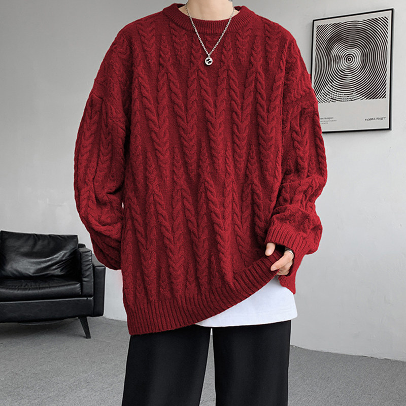 Burgundy Cable-Knit Sweater for Men, Autumn and Winter, Extra Large Size, for Big and Tall Individuals, Unique Design Knitwear Jacket