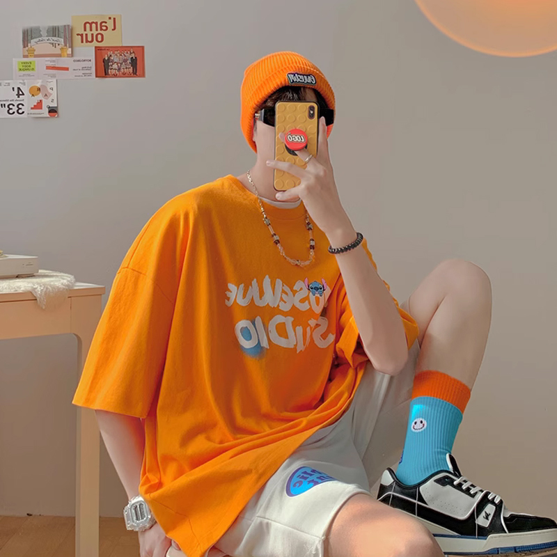 Orange Oversized American-Style Stitch T-Shirt Summer Dopamine Graffiti Short-Sleeve Men's Trendy High Street Three-Quarter Sleeve