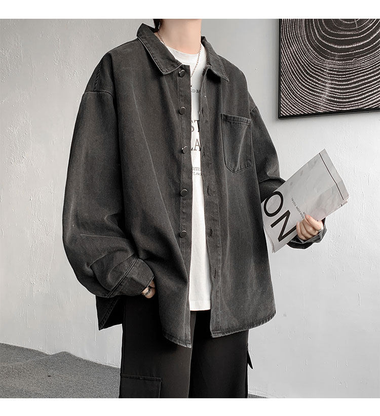 Мужская черная джинсовая осенняя демисезонная японская модная куртка, большая рубашка                