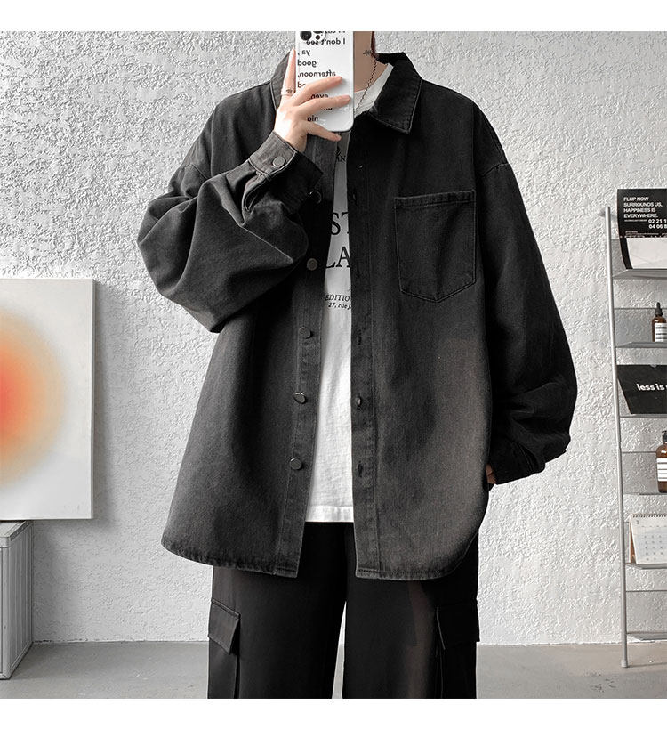 Мужская черная джинсовая осенняя демисезонная японская модная куртка, большая рубашка                