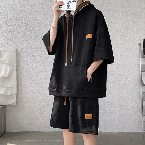 Футболка с капюшоном, трендовый спортивный костюм, шорты, комплект, короткий рукав, большой размер