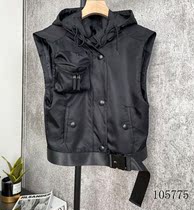 P home 2021 Spring Summer New detachable hooded lace up black sleeveless tooling jacket short vest horse clip female
