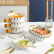 Day Style Hand-painted Handle Pan Bowl Creativity Mesh Red Baking Ovens Double Ear Baking Pan Oven Special Ceramic Cutlery Suit