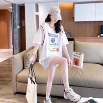 Pure cotton pregnant woman short sleeve t-shirt female summer medium long tide Korean version round collar printed fake two pregnant women blouses big code