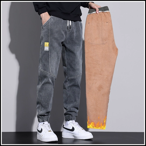 Демисезонные джинсы для школьников, универсальные утепленные штаны, 2023, свободный крой, на шнурках