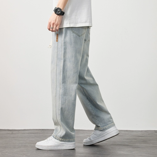 Износостойкие длинные тонкие летние джинсы, ретро штаны, в американском стиле, свободный прямой крой, эластичная талия