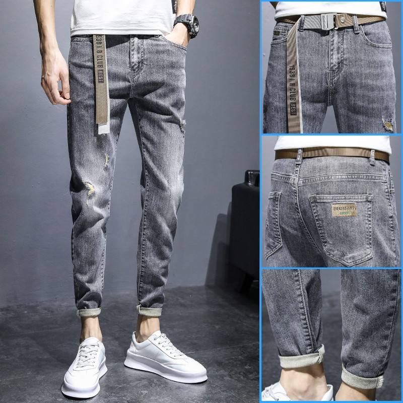 Autumn ripped jeans men's 2022 summer new trendy brand Korean version of slim small feet nine points thin men's pants