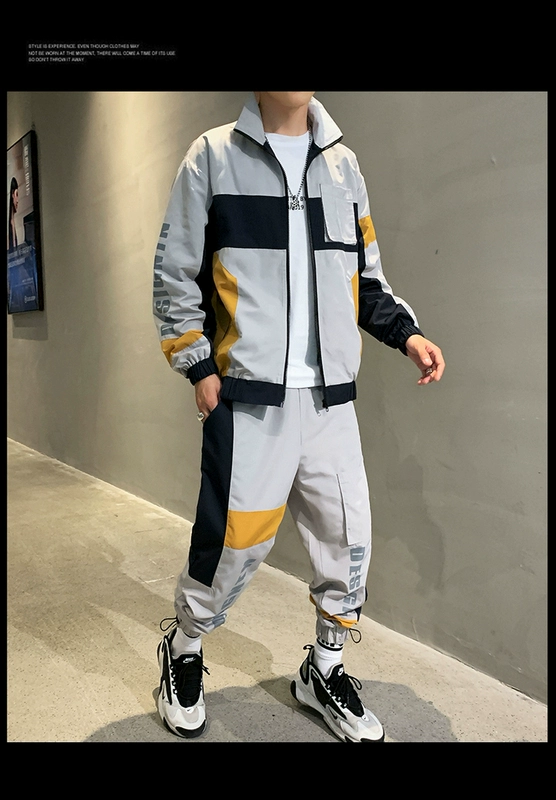 Quần áo dụng cụ thường ngày nam 2019 thương hiệu thủy triều mùa thu lỏng màu tương phản áo khoác thể thao nam xu hướng quần áo Hàn Quốc - Bộ đồ