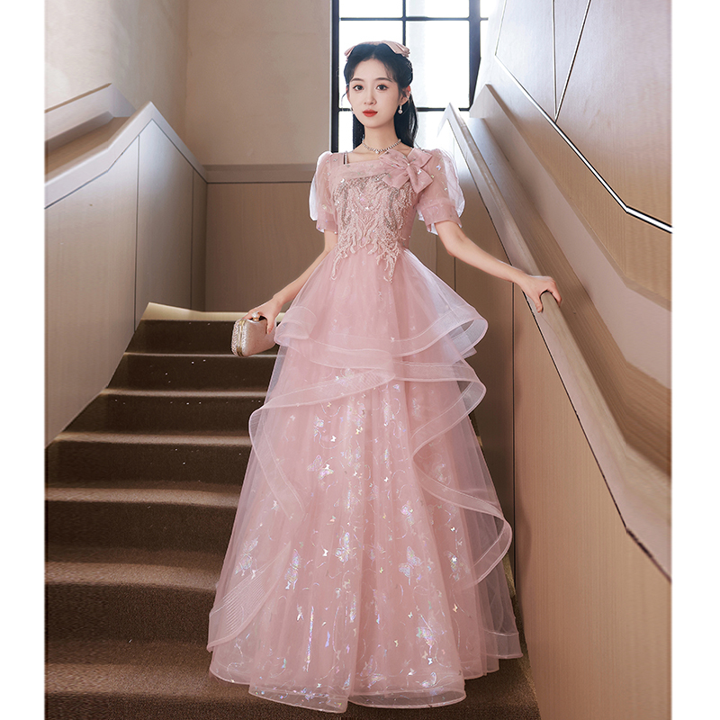 Pink Evening Dress 2026 New French Light Luxury Niche High-End Sophisticated Hostess Performance Exam Coming-Of-Age Ceremony for Women Pink Evening Dress 2026 New French Light Luxury Niche High-End Sophisticated Hostess Performance Exam Coming-Of-Age Ceremony for Women