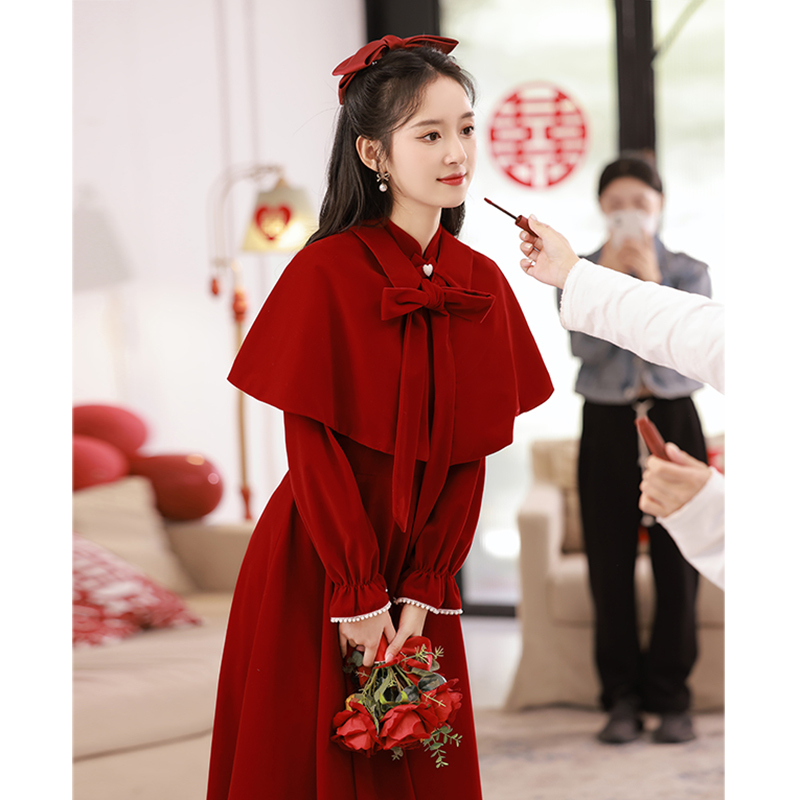 Bridal Gown 2026 New Red Engagement Dress for Women, High-End Wedding Dress with Long Sleeves and Shawl for Winter Bridal Gown 2026 New Red Engagement Dress for Women, High-End Wedding Dress with Long Sleeves and Shawl for Winter