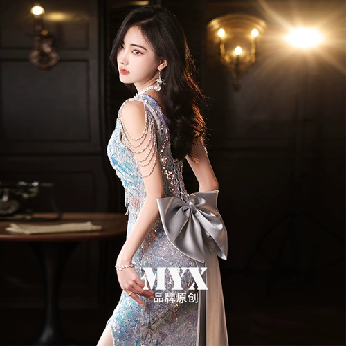 Вечернее платье, элитные приталенные блестки для ногтей, легкий роскошный стиль, крой «рыбий хвост»