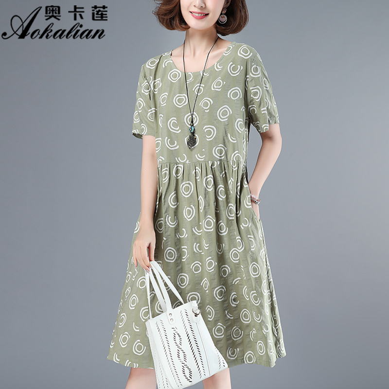 tay áo ngắn in phụ nữ váy 2020 mùa hè mới của Hàn Quốc phiên bản loose-fitting cổ tròn mỏng trong một chiếc váy giản dị