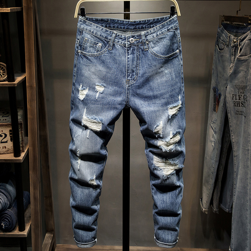Blue Ripped Jeans for Men, 2024 New Autumn Trendy Brand Slim Straight-Leg Distressed Pants, Men's Cropped Pants