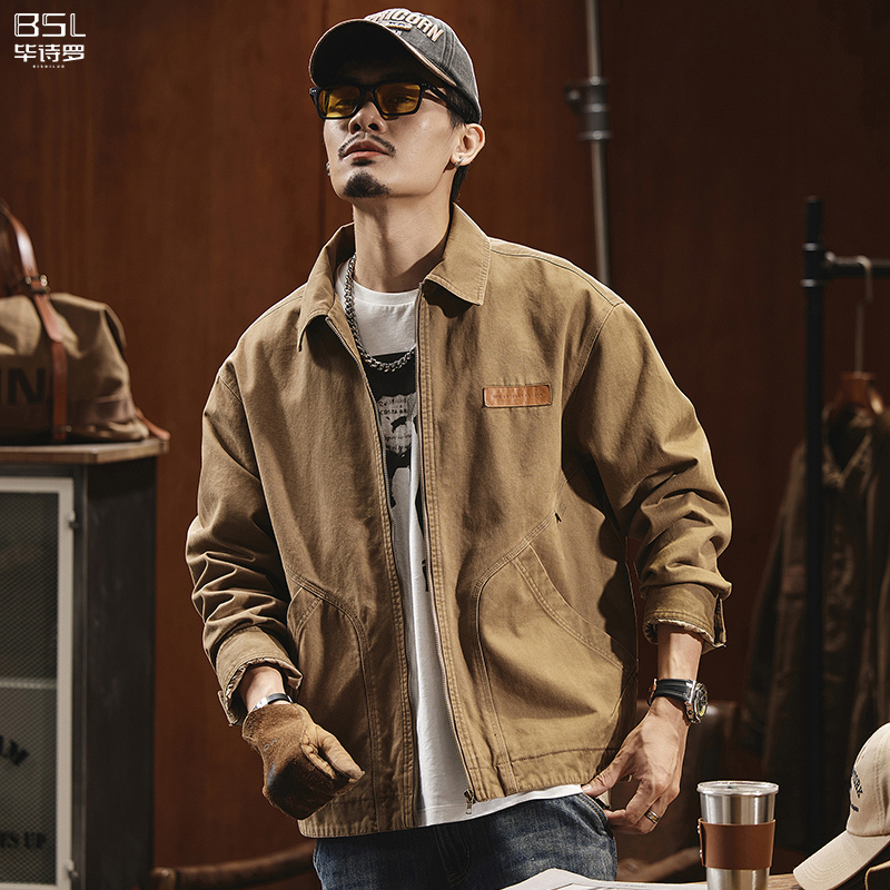 American-Style Heavy Canvas Jacket for Men, Spring Trendy Casual Retro Large Size Biker Workwear Jacket for Men, Spring and Autumn Style