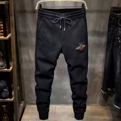 Autumn and winter Tide brand European station casual pants men's slim feet net red the same bee tie pants boys sports pants