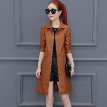 2019 autumn new slim Korean version of real leather leather womens medium and long style atmospheric casual fashion leather windbreaker jacket