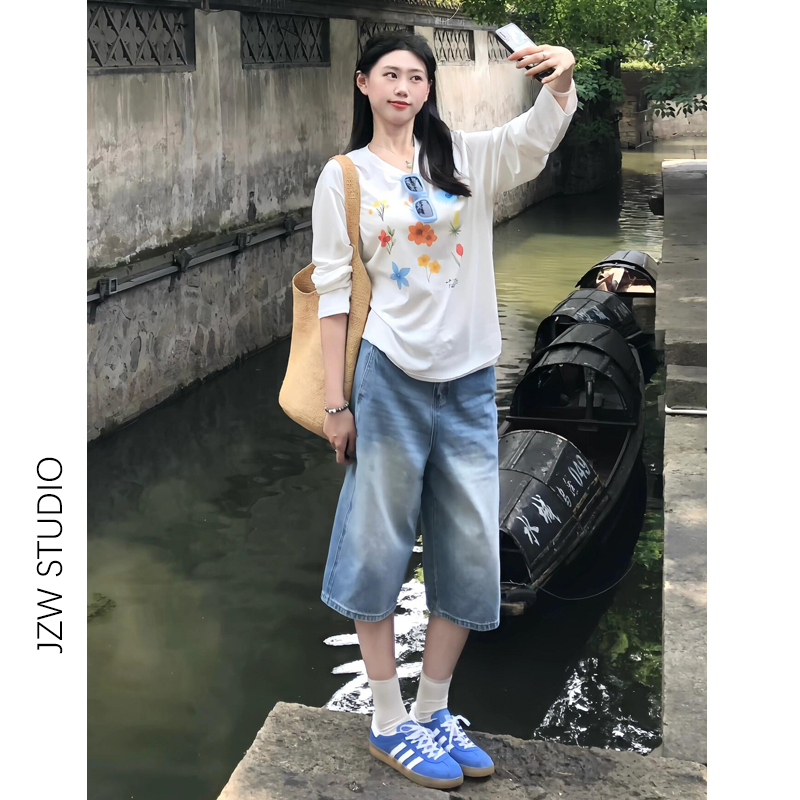 Cream Blue High-Waisted Wide-Leg Denim Shorts for Women, Summer Thin Loose Slimming Capri Pants, Straight-Leg Versatile Mid-Length Pants, Trendy Cream Blue High-Waisted Wide-Leg Denim Shorts for Women, Summer Thin Loose Slimming Capri Pants, Straight-Leg Versatile Mid-Length Pants, Trendy
