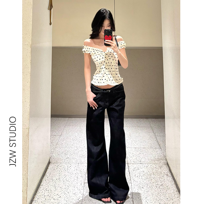 Jzwm American-Style Raw Denim Low-Waist Flared Jeans for Women, New Summer Loose Fit, Slimming Pear-Shaped Body Wide-Leg Pants