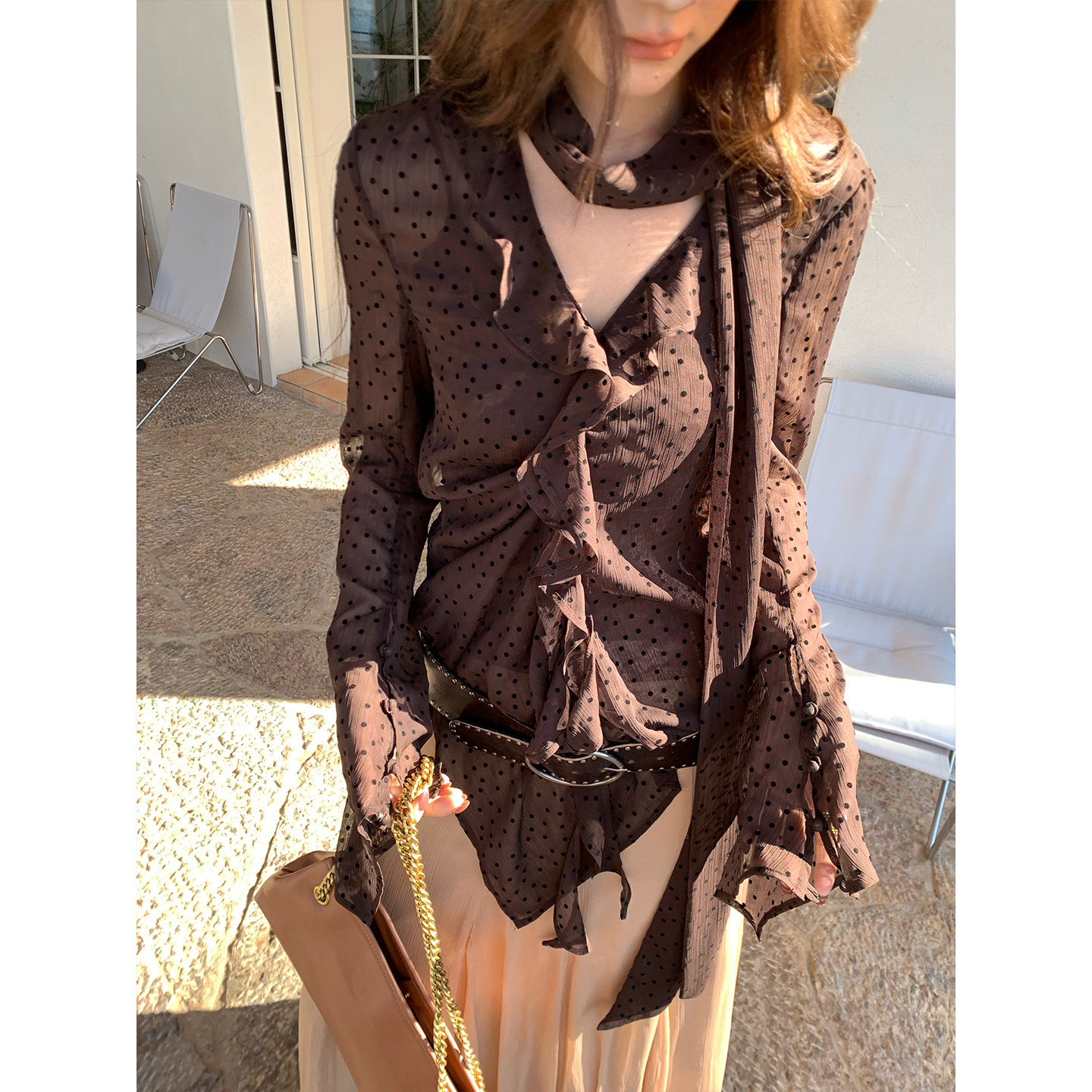 马儿MAR французская ретро блузка с лентами V-образным вырезом в горошек длинный рукав женская дизайнерская приталенная элегантная рубашка