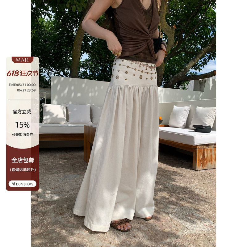 Mar Bohemian Style Handmade Beaded Cotton and Linen Mixed Wide-Leg Pants for Women, Loose Casual Pants, Vacation Style Mar Bohemian Style Handmade Beaded Cotton and Linen Mixed Wide-Leg Pants for Women, Loose Casual Pants, Vacation Style