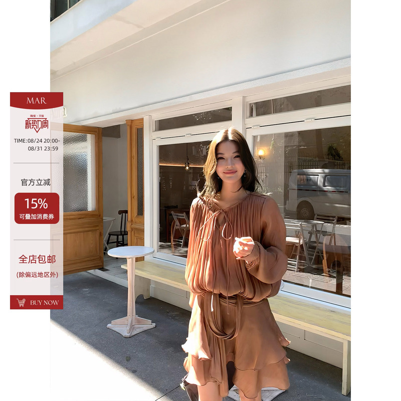 Mar French Retro Textured Lace-Up Pleated Long-Sleeve Dress for Women, Early Autumn New Mid-Length Elegant Dress Mar French Retro Textured Lace-Up Pleated Long-Sleeve Dress for Women, Early Autumn New Mid-Length Elegant Dress