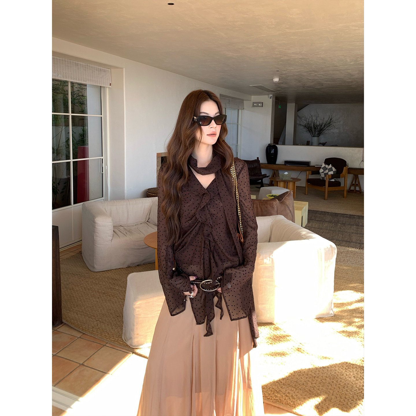 马儿MAR французская ретро блузка с лентами V-образным вырезом в горошек длинный рукав женская дизайнерская приталенная элегантная рубашка