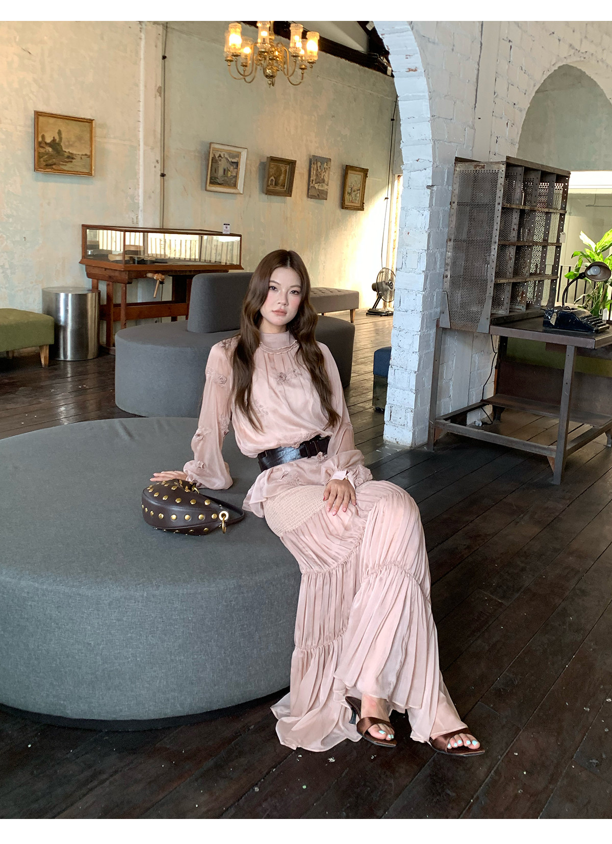 马儿MAR Рубашка с объемной вышивкой длинный рукав с приталенной плиссированной длинной юбкой элегантный костюм для женщин