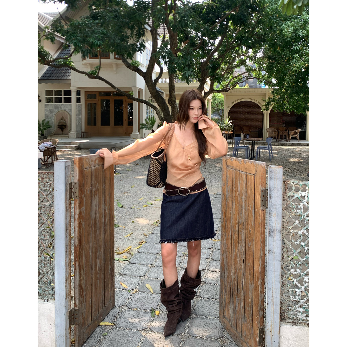 马儿MAR винтажная джинсовая юбка женская летняя с заниженной талией прямая короткая с бахромой стройнящая универсальная