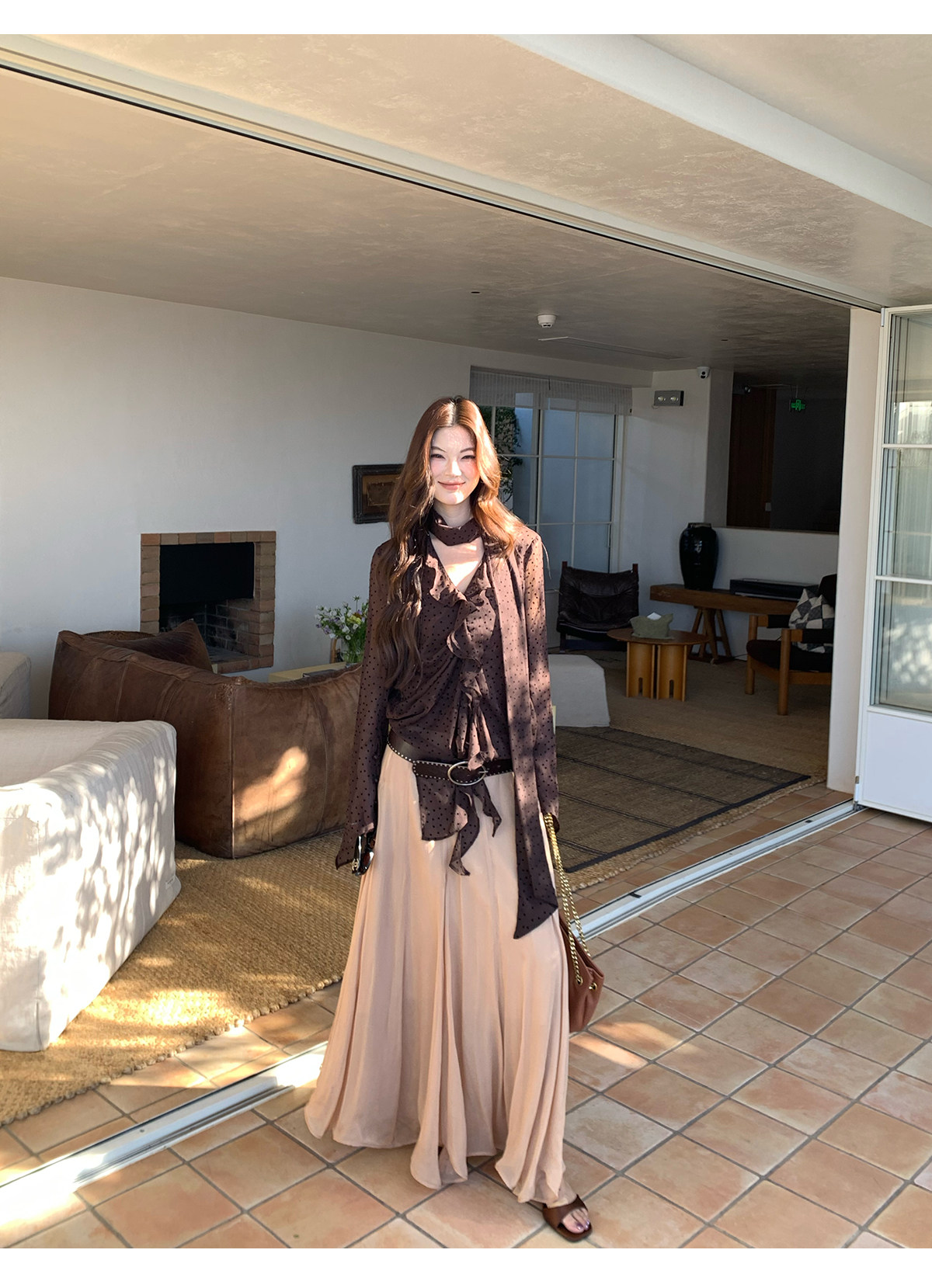 马儿MAR французская ретро блузка с лентами V-образным вырезом в горошек длинный рукав женская дизайнерская приталенная элегантная рубашка