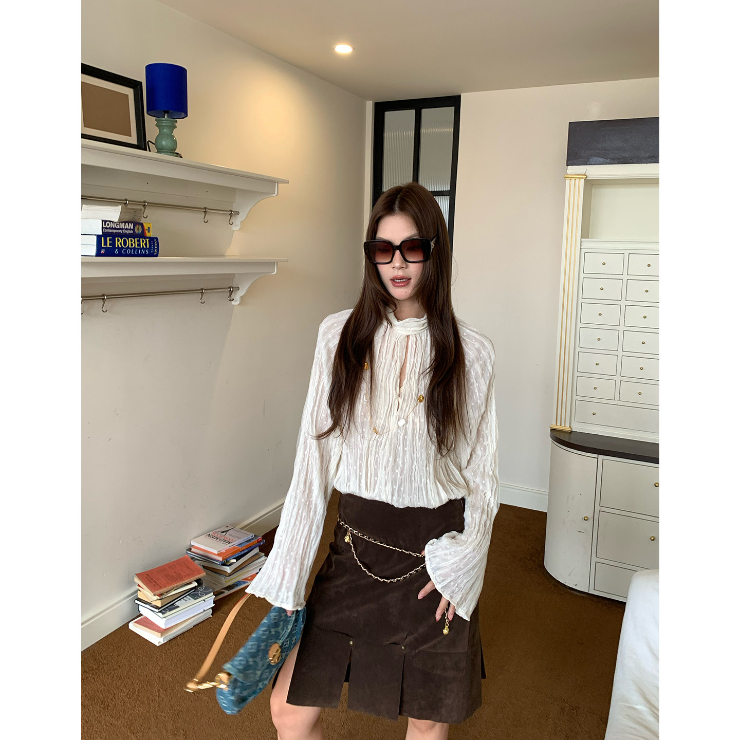 马儿MAR весенне-летняя женская рубашка с завязками на воротнике и складками, длинный рукав