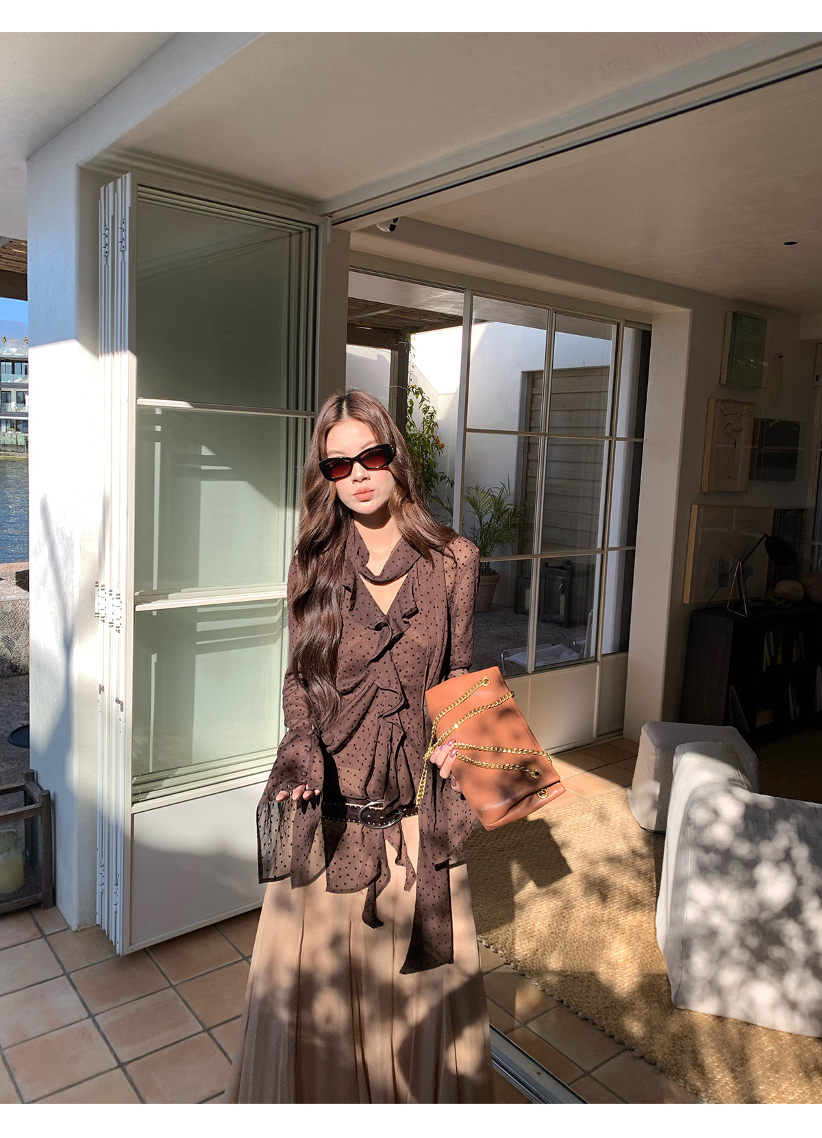 马儿MAR французская ретро блузка с лентами V-образным вырезом в горошек длинный рукав женская дизайнерская приталенная элегантная рубашка