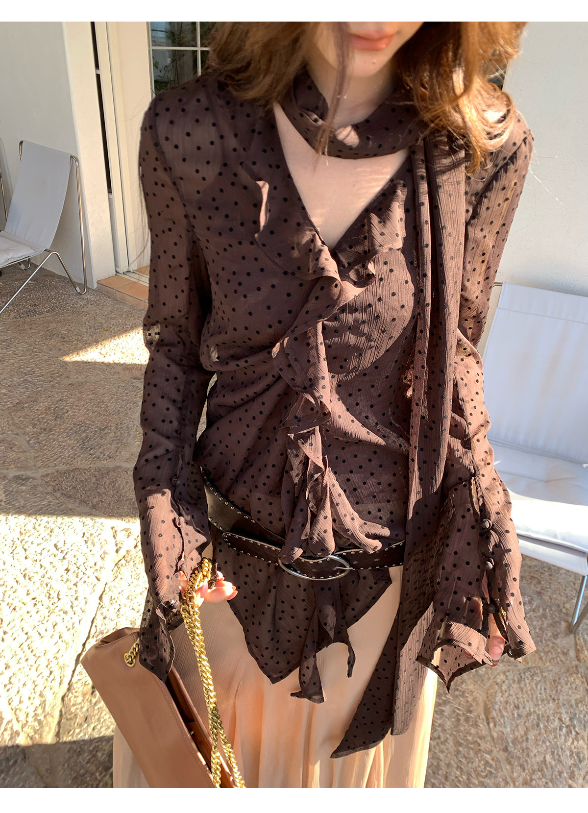 马儿MAR французская ретро блузка с лентами V-образным вырезом в горошек длинный рукав женская дизайнерская приталенная элегантная рубашка