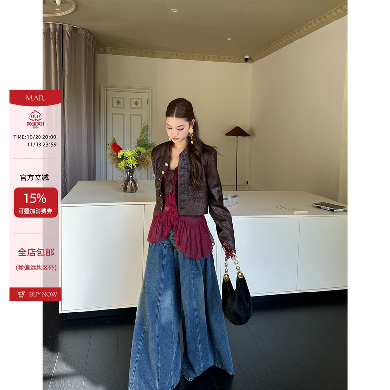 Mar Retro Heavy-Duty Custom-Dyed Embroidered Rope Pattern Metal Buckle Short Napoleon Jacket Cardigan for Women