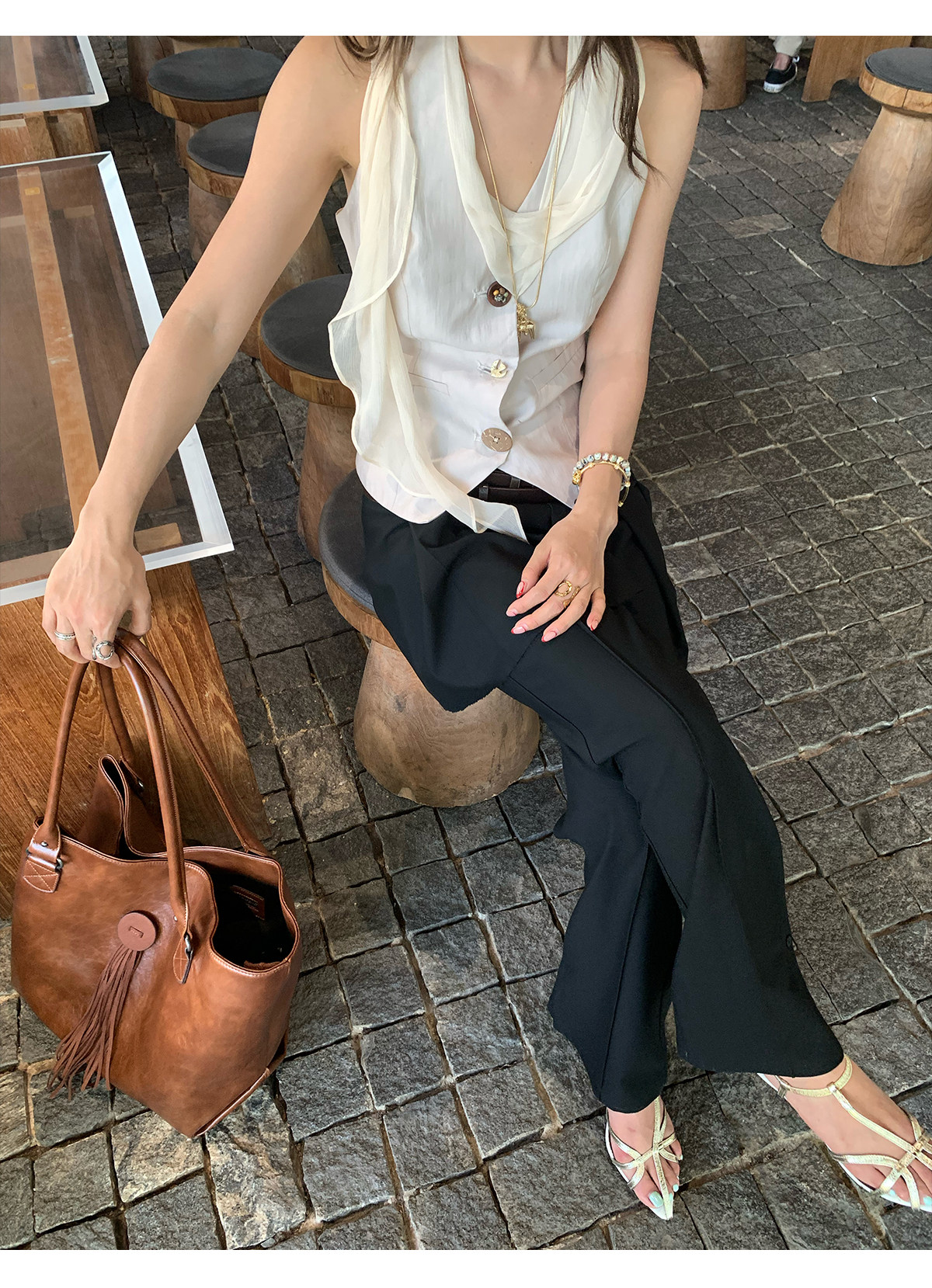 马儿MAR женские повседневные брюки с имитацией двухслойности и плиссированной задней вставкой, черные, стройнящие, универсальные, длинные с разрезами