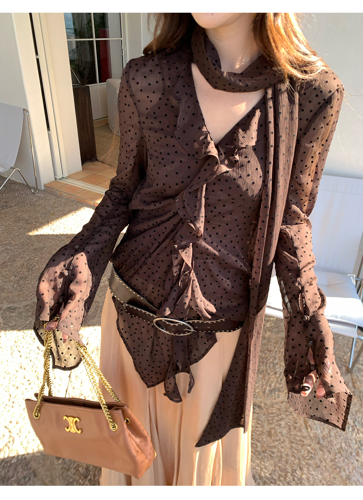 马儿MAR французская ретро блузка с лентами V-образным вырезом в горошек длинный рукав женская дизайнерская приталенная элегантная рубашка