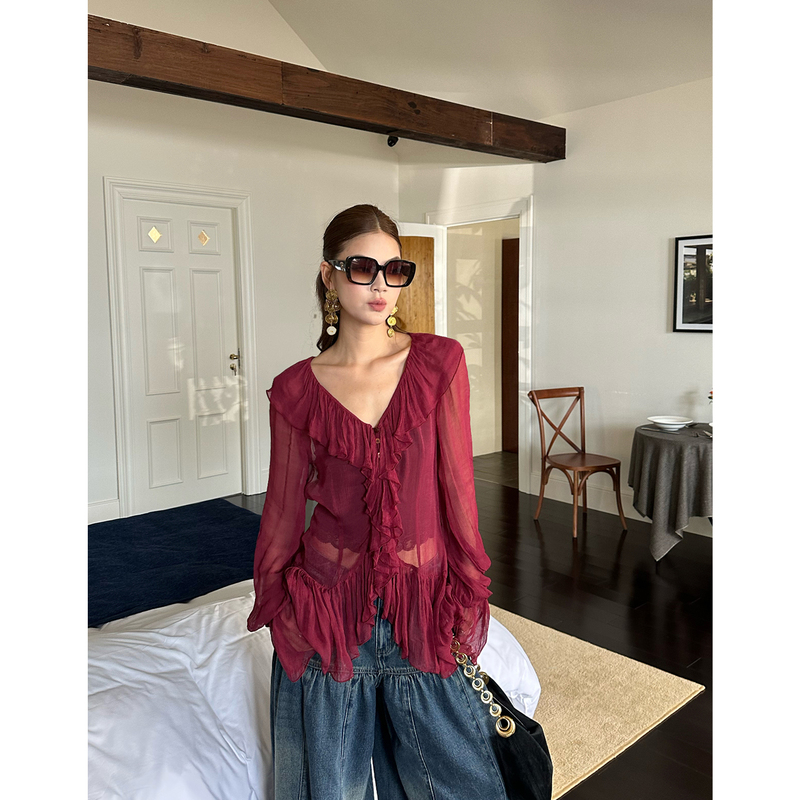 Mar Early Autumn New French Retro 100% Rayon V-Neck Ruffled Chiffon Long-Sleeve Shirt for Women