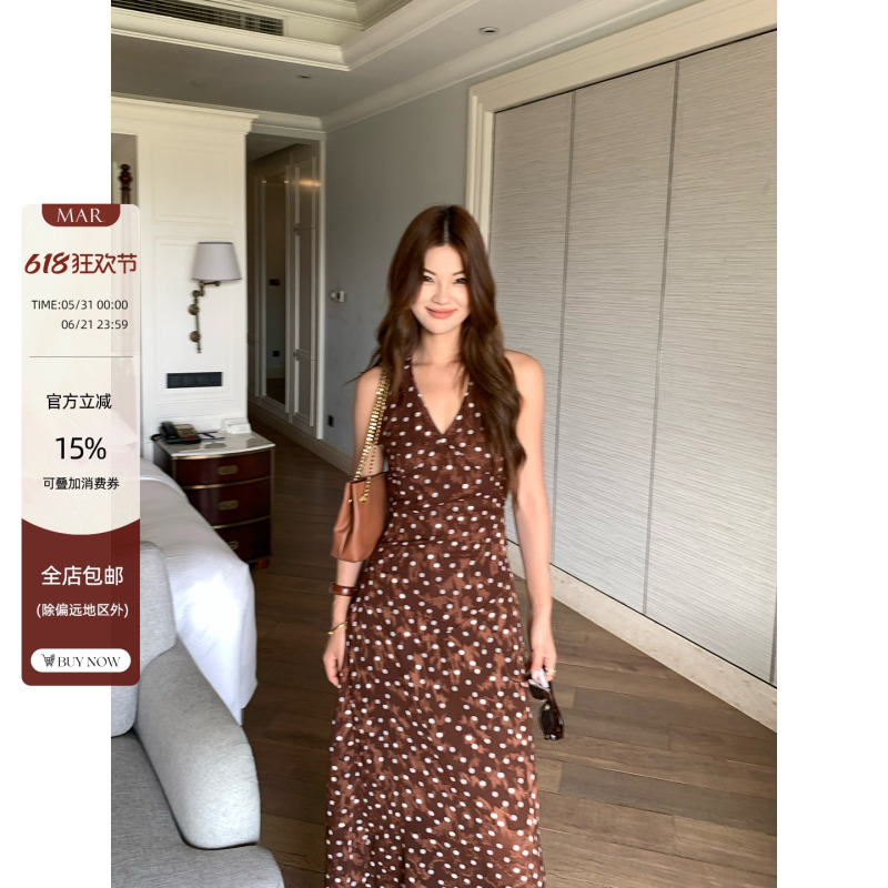 Mar Retro V Neck Jacquard Textured Polka Dot Dress for Women Summer Waist-Cinching Strapless Sleeveless Long Dress Mar Retro V Neck Jacquard Textured Polka Dot Dress for Women Summer Waist-Cinching Strapless Sleeveless Long Dress