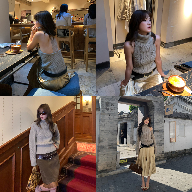 Mar Autumn/Winter New Collection Custom-Dyed Yarn Turtleneck Sweater Women's Two-Piece Set Shawl & Backless Halter Vest