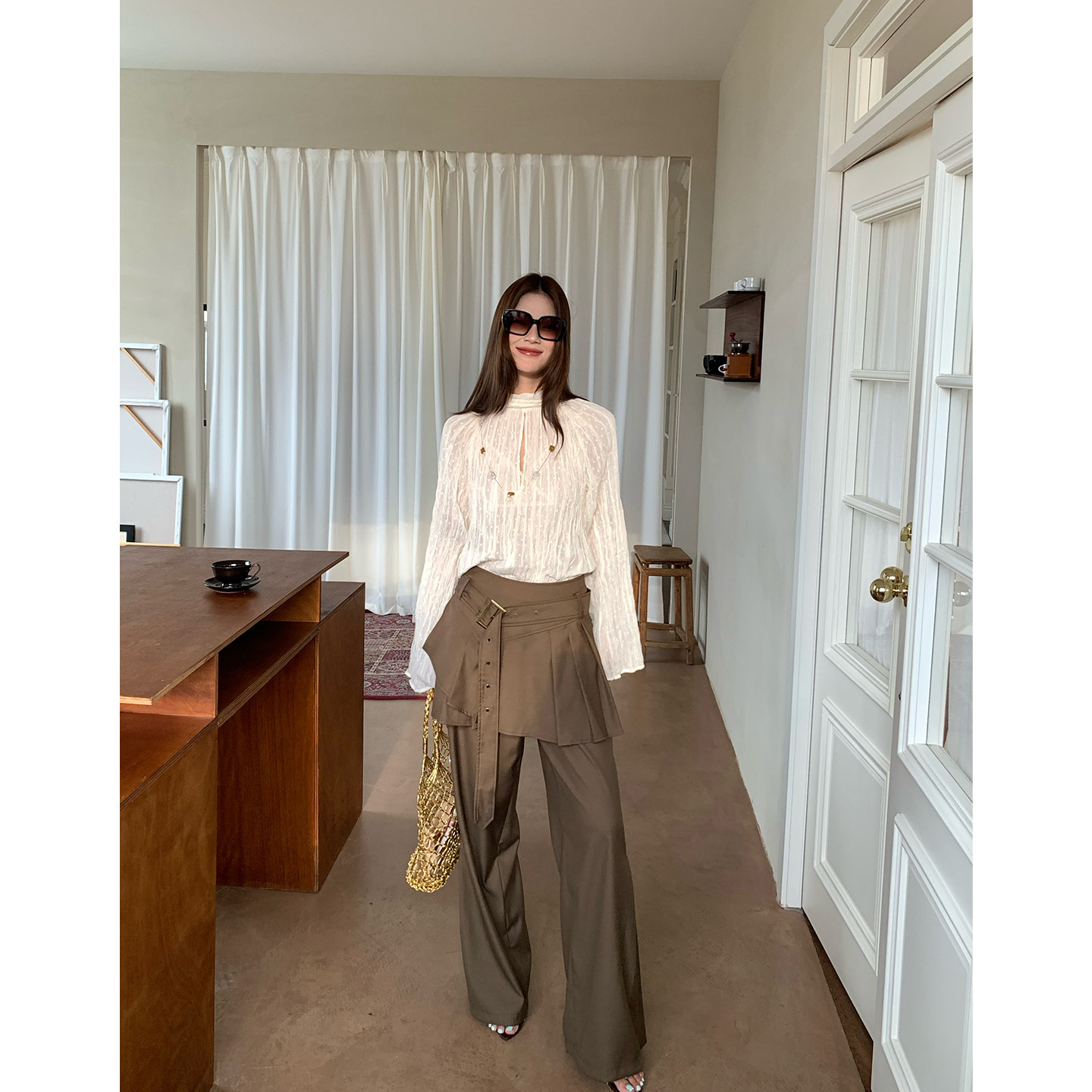 马儿MAR весенне-летняя женская рубашка с завязками на воротнике и складками, длинный рукав