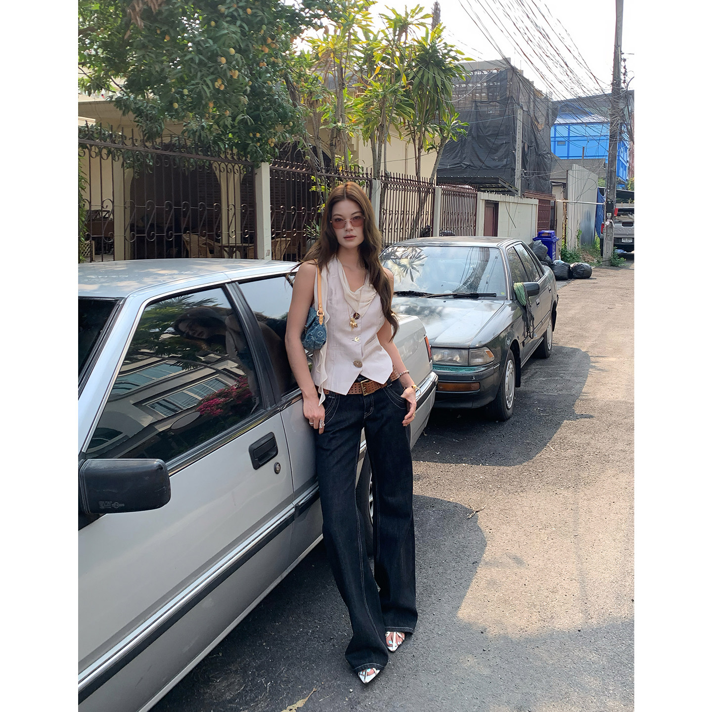 马儿MAR винтажные джинсы с контрастной строчкой женские весна-лето широкие прямые стройнящие свободные черные длинные брюки