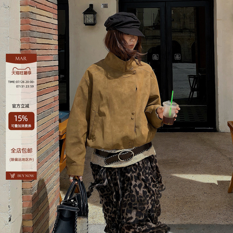 Mar Autumn/Winter New Vintage Fashion Design Suede Stand Collar Long Sleeve Jacket Short Coat Women's Top Mar Autumn/Winter New Vintage Fashion Design Suede Stand Collar Long Sleeve Jacket Short Coat Women's Top