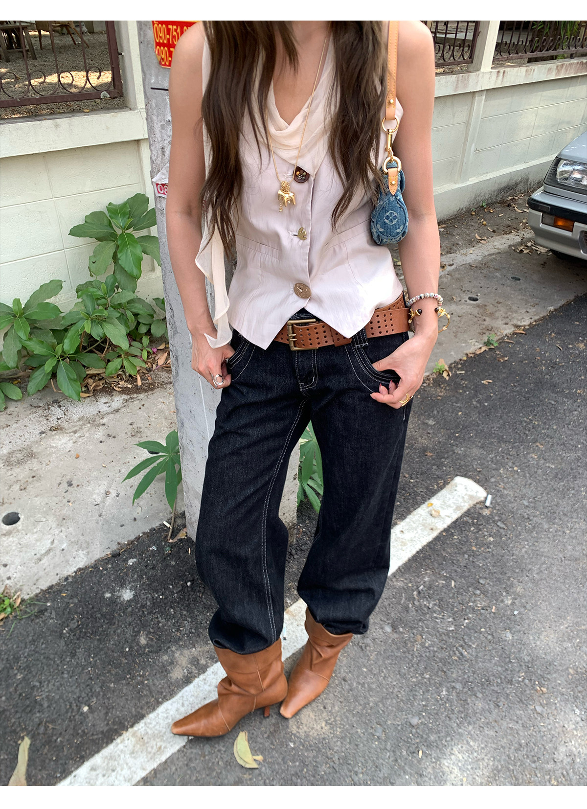 马儿MAR винтажные джинсы с контрастной строчкой женские весна-лето широкие прямые стройнящие свободные черные длинные брюки