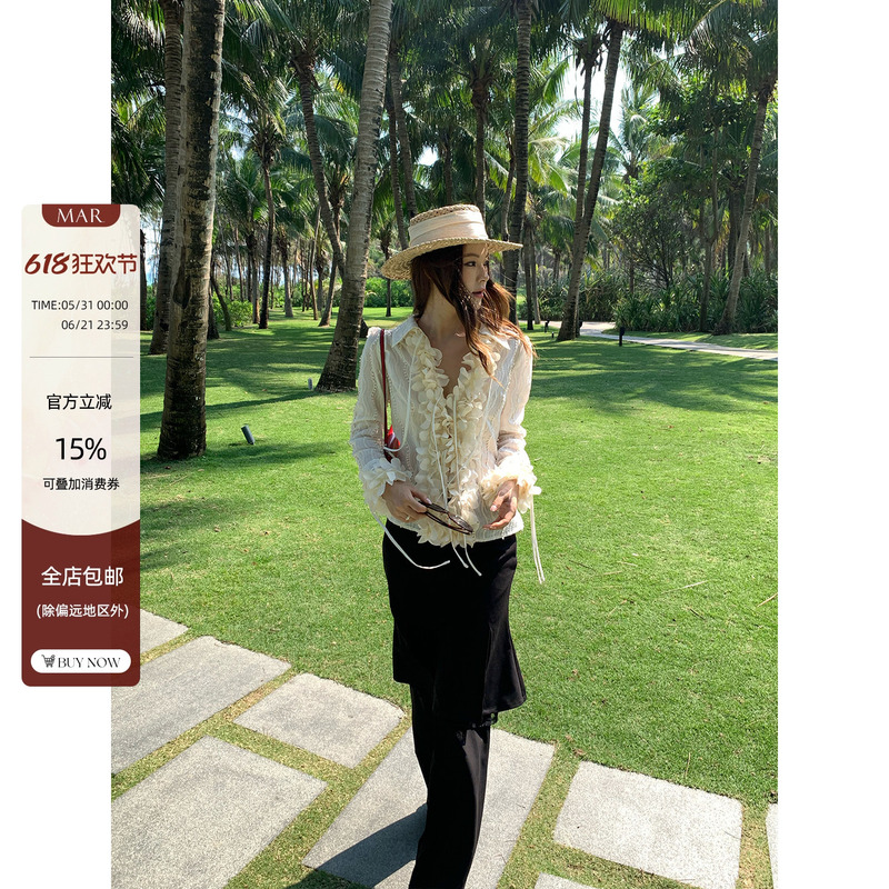 Mar Tencel Blend Three-Dimensional Floral Shirt for Women, Textured Lace Tie, Unique Slimming Long-Sleeve Top