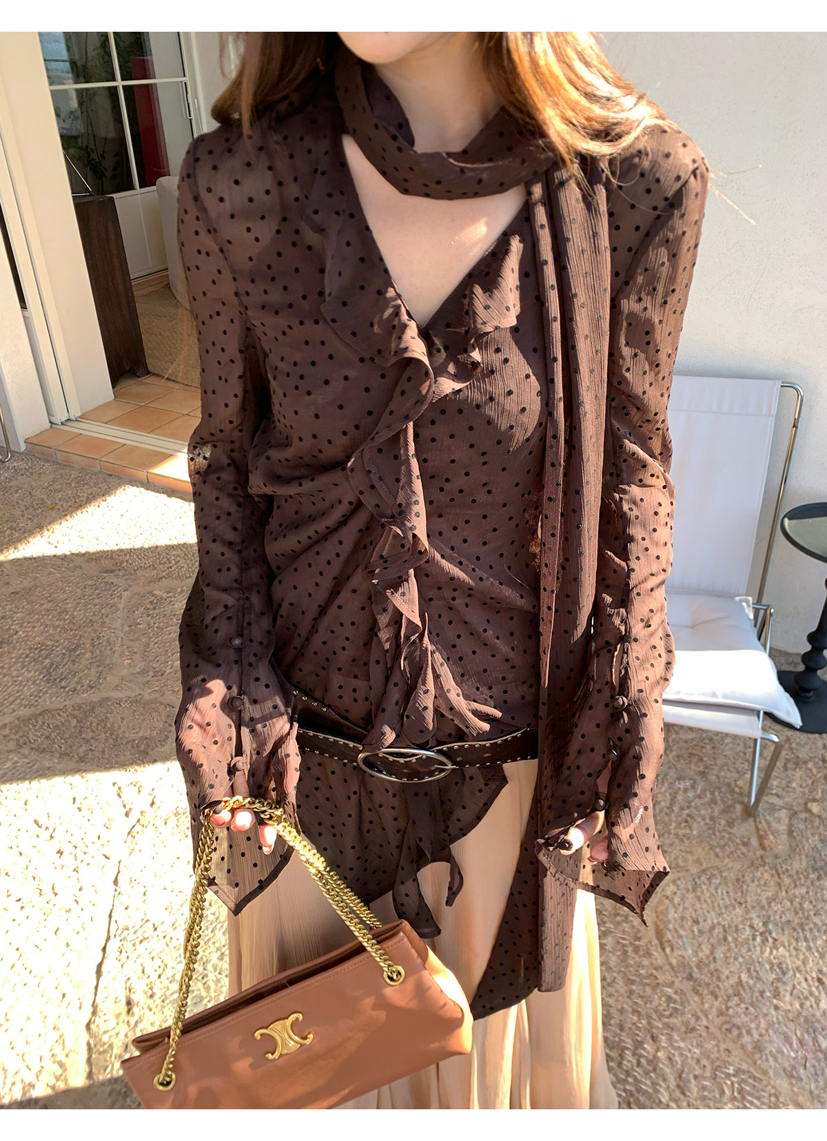 马儿MAR французская ретро блузка с лентами V-образным вырезом в горошек длинный рукав женская дизайнерская приталенная элегантная рубашка